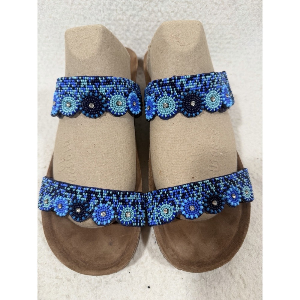 Azura Bahama Womens 40 US 9 Blue Beaded Floral Wedge Sandals Boho Resort